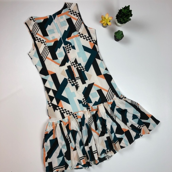 CREE GREEN MUSTARD MULTI GEO RUFFLE SLEEVELESS DRESS - Picture 5 of 9